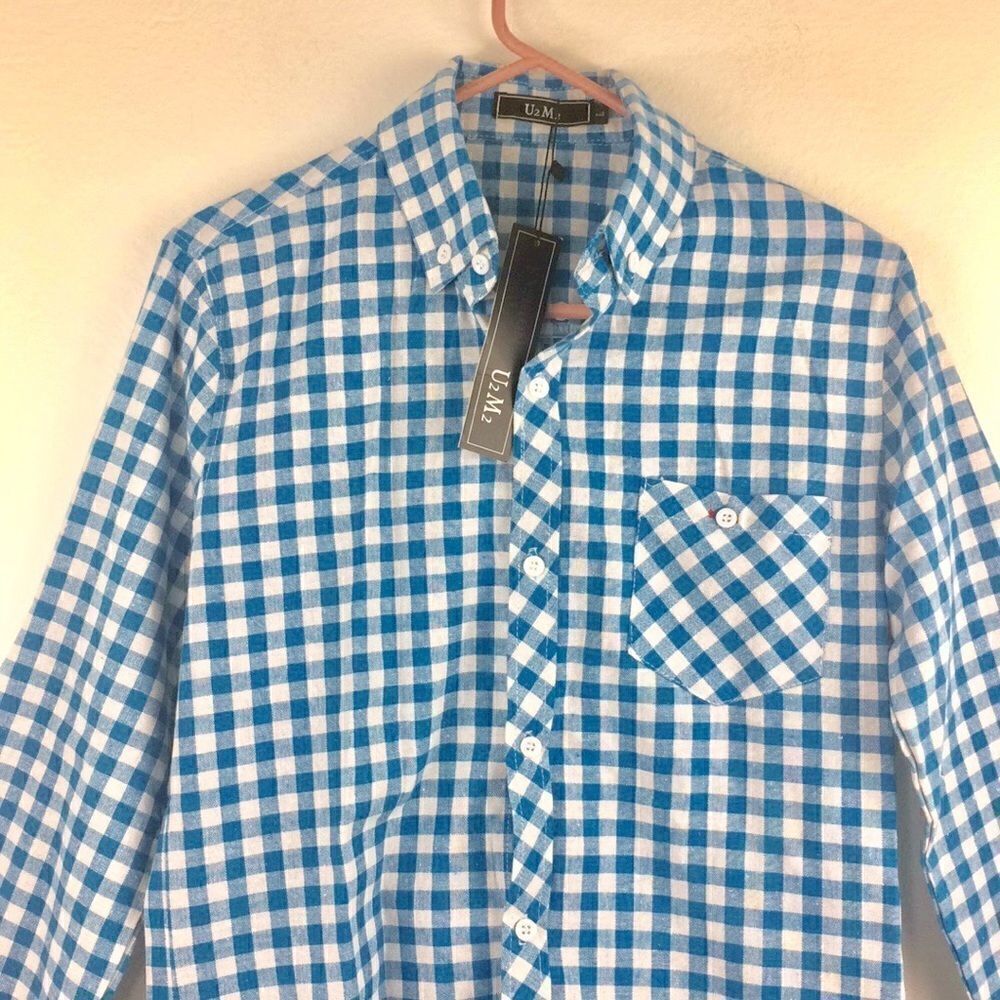 NEW U2m2 blue/white gingham boyfriend button down - Picture 3 of 7